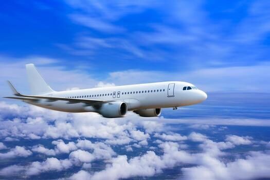 Passenger aircraft flying across sky – online flight booking service